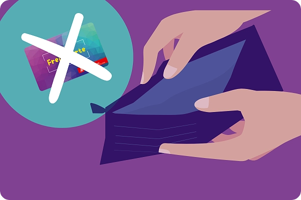 Grafik auf der ein leeres Portmonnaie und eine durchgekreuzte FreiKarte abgebildet sind.