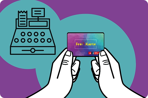 Grafik auf der man eine Kasse und daneben zwei Hände die die FreiKarte halten sieht.